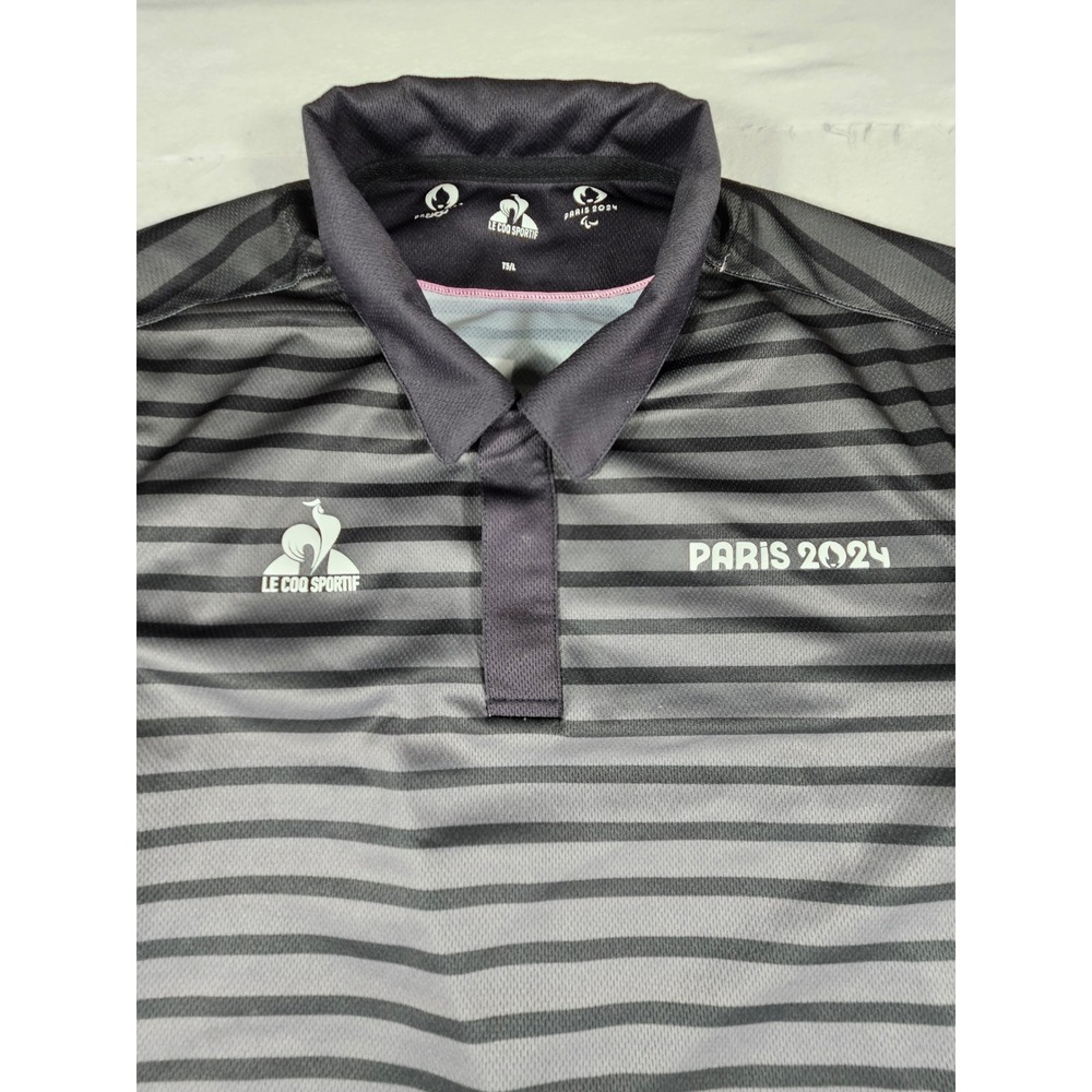 Le Coq Sportif Paris 2024 Olympics Polo Shirt Mens Large Grey Striped Pink L